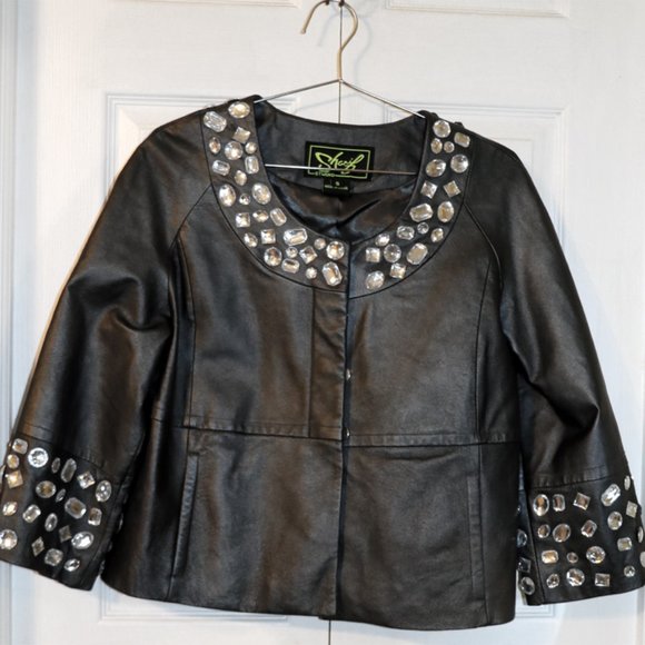 Sharif Studio black leather and rhinestone jacket, size small, perfect condition - Picture 1 of 7